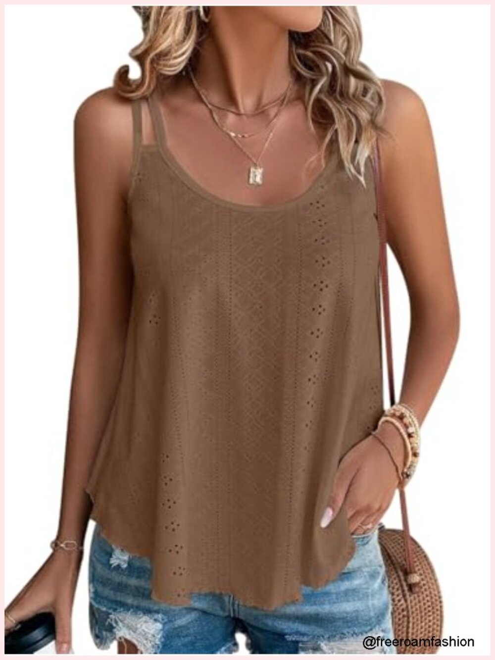 Flowy Eyelet Tank Top Spaghetti Strap Sleeveless Summer Camisole Boho Top